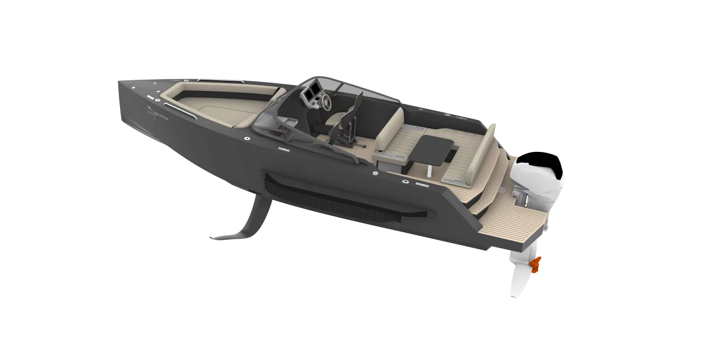 When on the water, the Foiler's caterpillar tracks are drawn up inside the hull