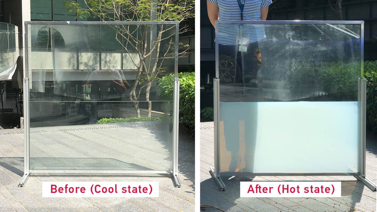 Before and after photos of one of the smart windows, the bottom half of which incorporates the new technology