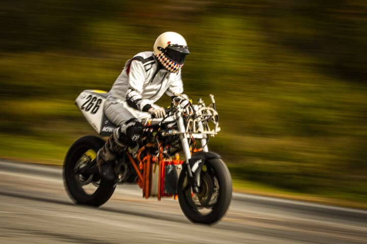 The MIT Electric Vehicle team tests out a hydrogen fuel cell motorcycle at Thompson Speedway Motorsports Park