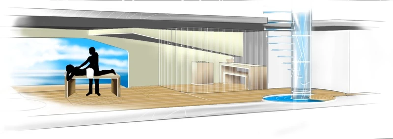 Midship doors open onto Qi's large spa space