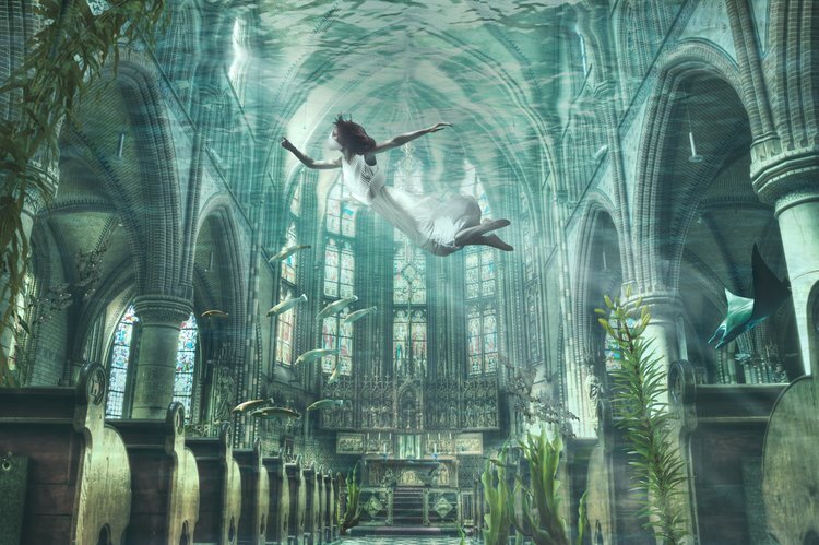 A rendering showing Amphibio being used to visit a flooded cathedral in the 22nd century