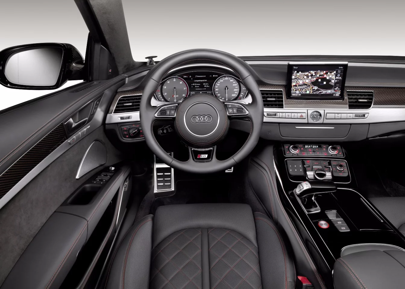 The new Audi S8 plus has a black interior with red piping and highlights