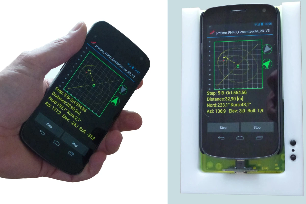 The Galileo-SmartLVS hardware (prototype pictured) coupled with the LawinenFon app transforms a smartphone into an avalanche transceiver (Photo: Fraunhofer IML)