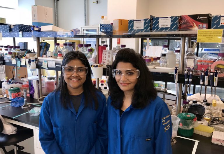 Lead researcher Aindrila Mukhopadhyay, left, and lead author of the paper, Ankita Kothari, right
