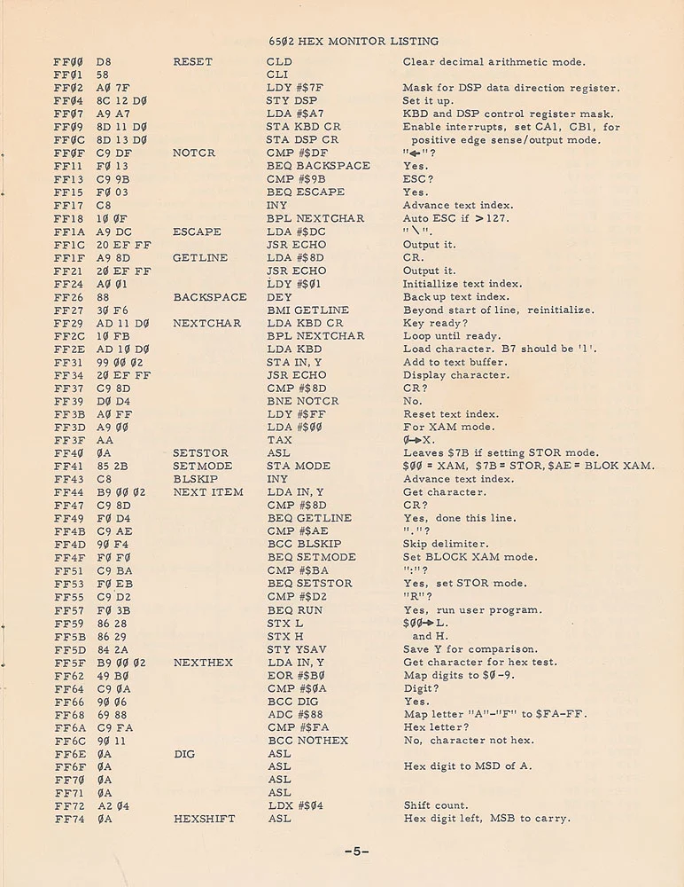 Page five of the manual, titled “6502 Hex Monitor Listing” outlining settings for an innovative memory program devised by Steve Wozniak, commonly known as the “Woz Monitor”