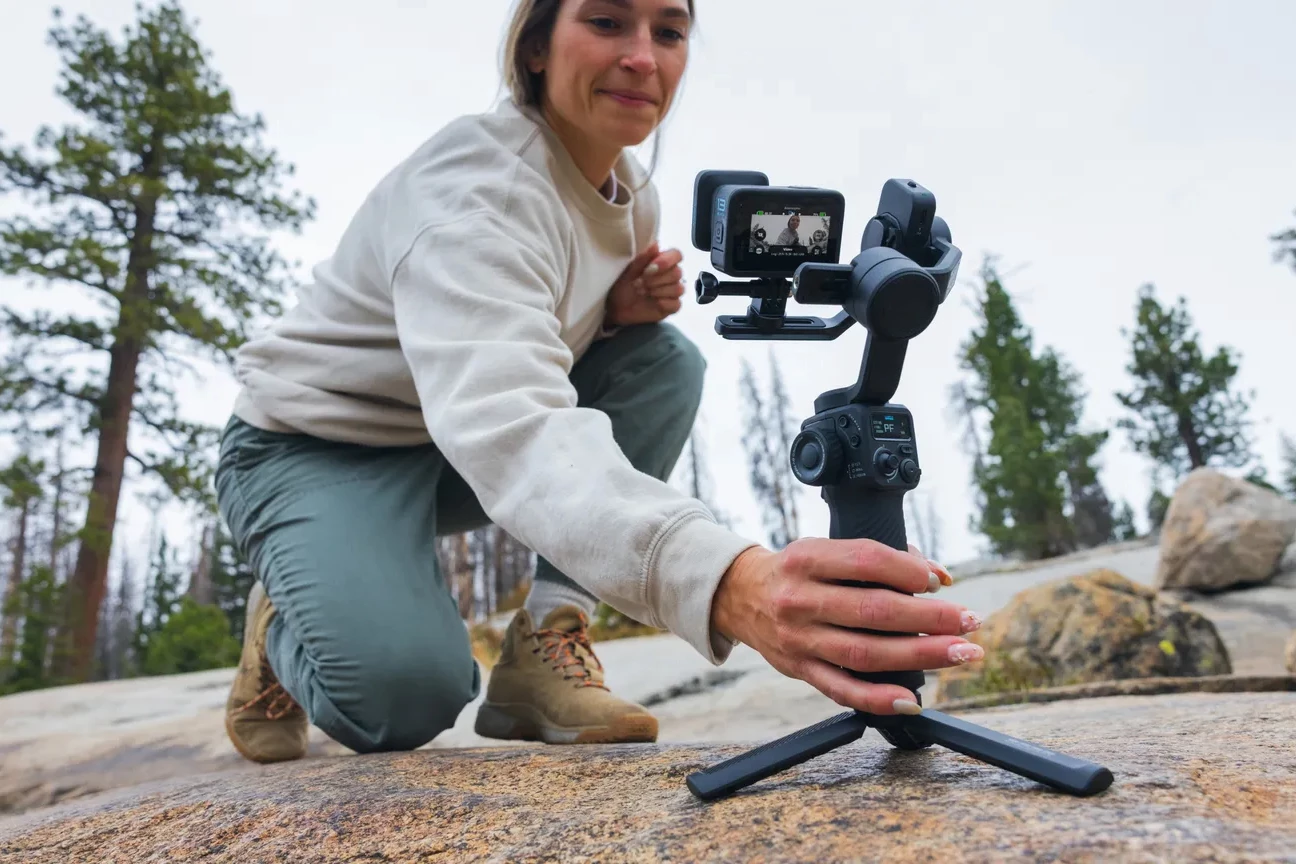 A tripod base allows the gimbal to stand up on its own
