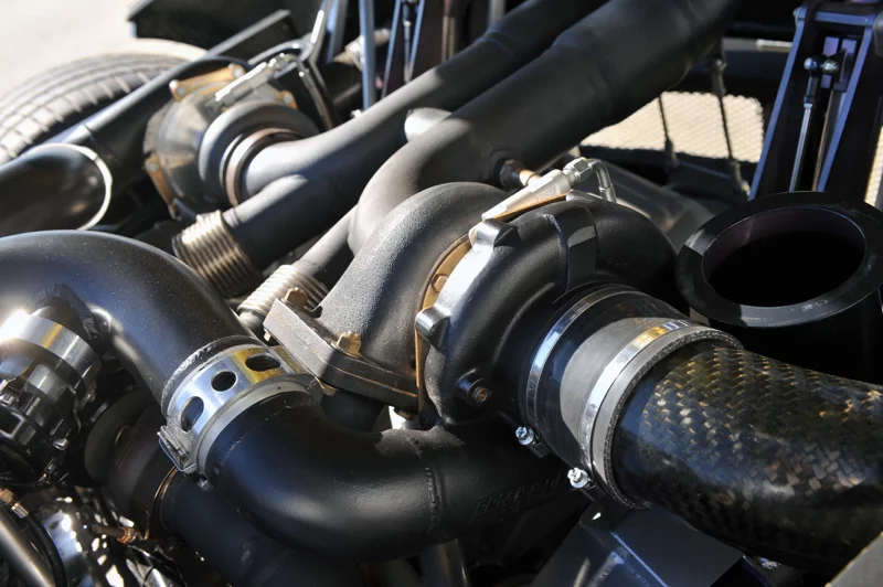 Twin Precision turbochargers develop 19 psi (1.3 bar) of boost to help motivate