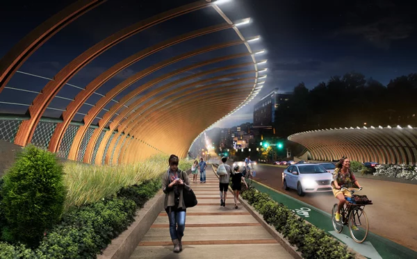 The curved steel ribs of design B for the 10th Street Bridge provide protection for pedestrians