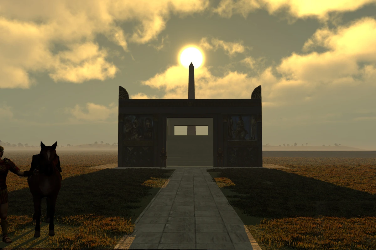 Virtual simulation image of the sun atop the obelisk with the Altar of Peace in the foreground(Image: IU Bloomington)