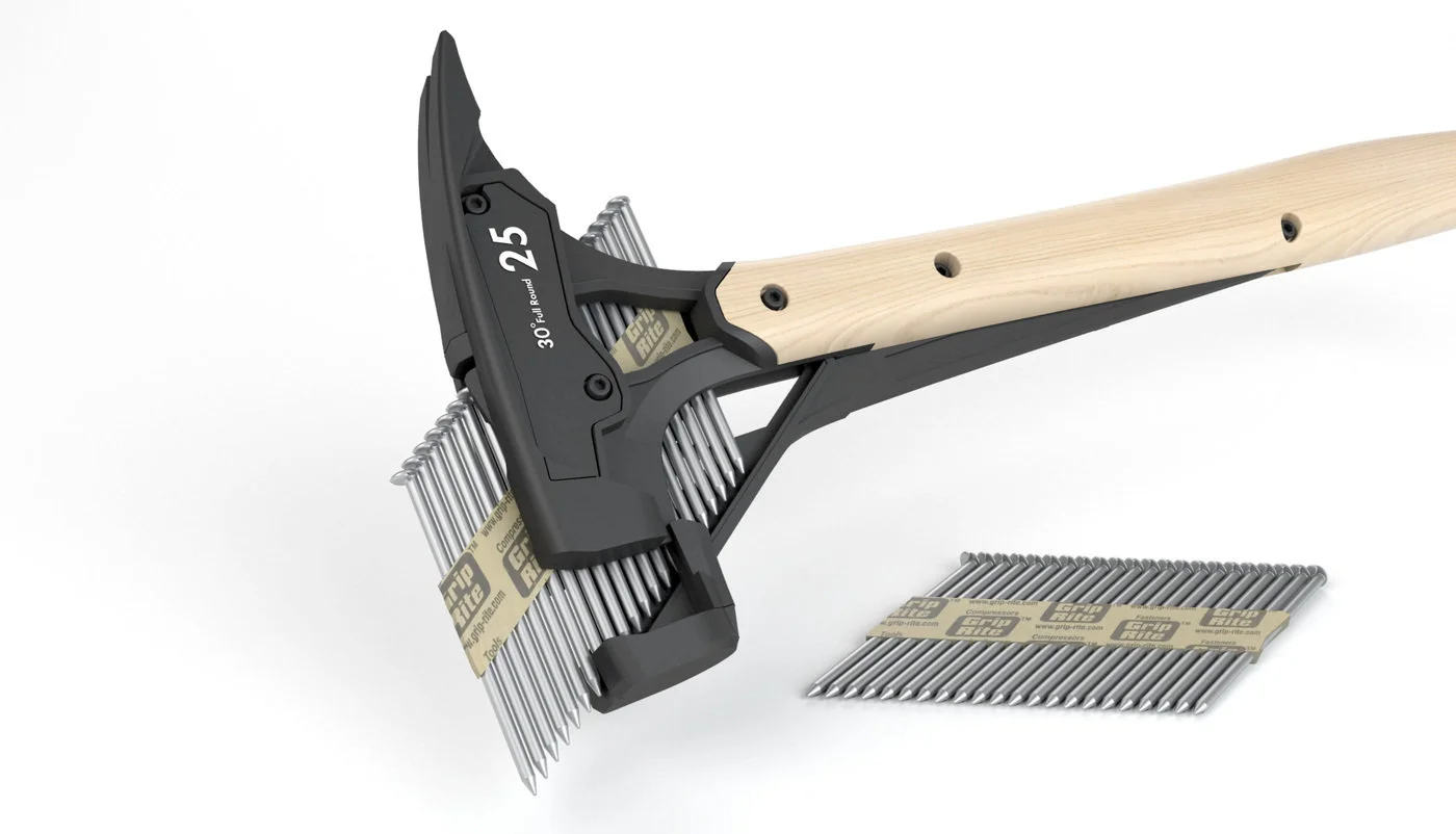 Michael Young's single-handed hammer works with standard strips of collated nails designed for nail guns