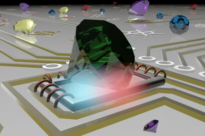 Illustration of nanoscale diamonds probing temperature of electronic circuits