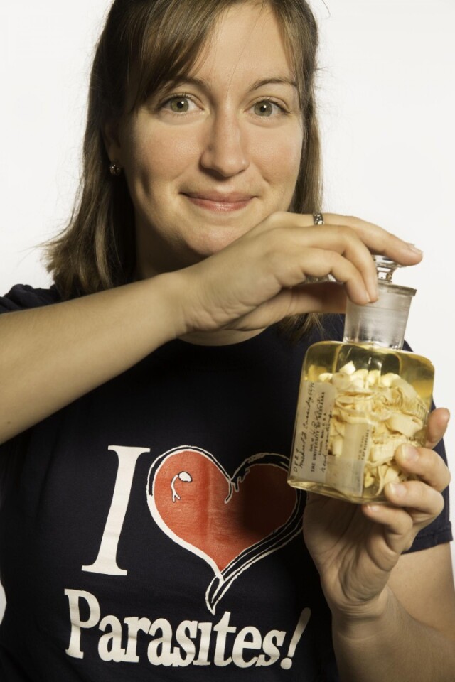 Anna Phillips, with a jar of old leeches