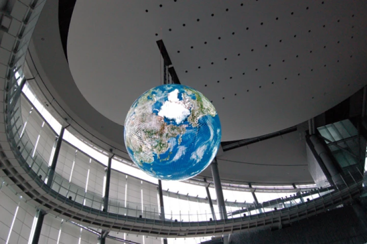Geo-Cosmos hangs 60 feet above the floor at Tokyo's National Museum of Emerging Science and Innovation