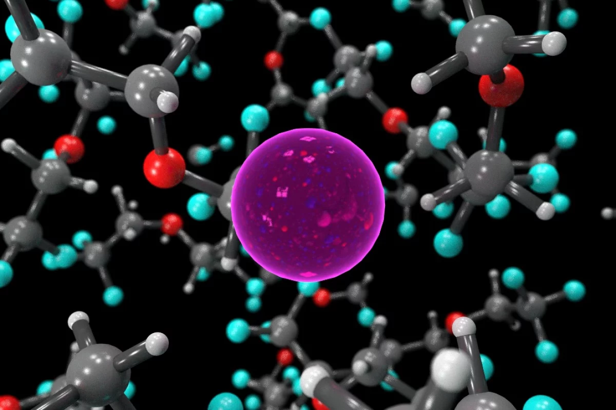 A fluoride ion (pink) floating in a liquid BTFE electrolyte