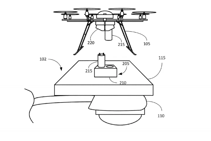 Using the docking station, Amazon's drones could come down to recharge ahead of the next leg of their journey