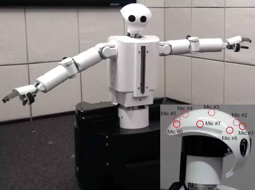 Honda's HEARBO robot dances, and (inlaid) a close-up of its head with the position of its microphones