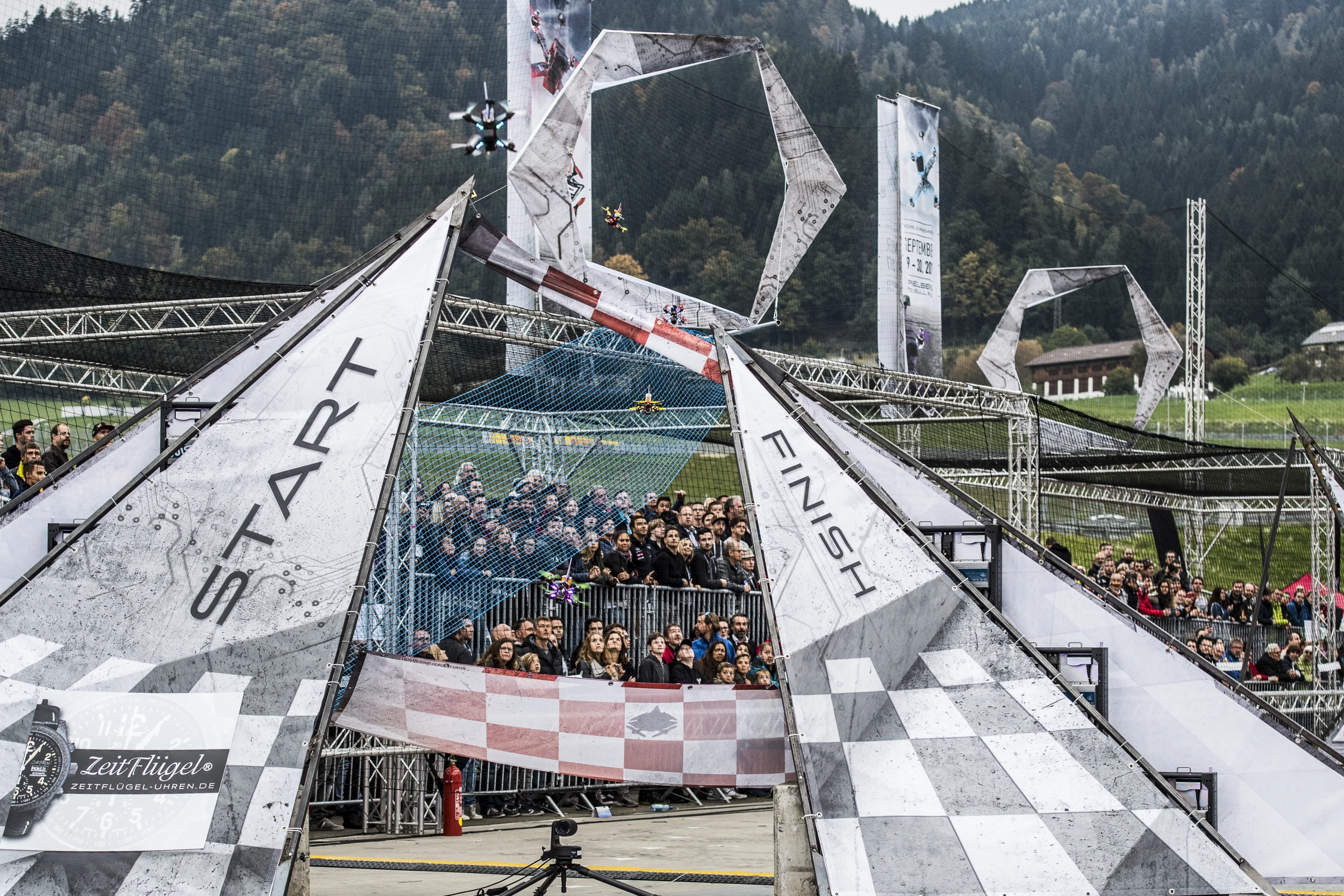 The racing drones hit speeds of up to 150 km/h (93 mph) throughout Red Bull's inaugural drone racing event