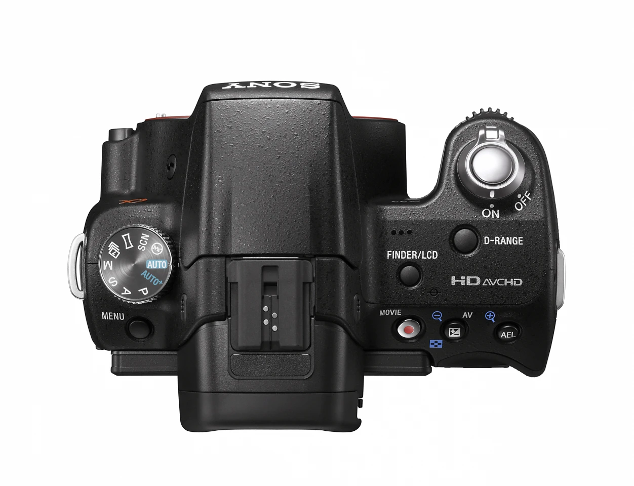 The controls on top of the SLT-A33, with familiar PASM dial and a dedicated movie button, a button for switching between Live View and viewfinder and the shutter release
