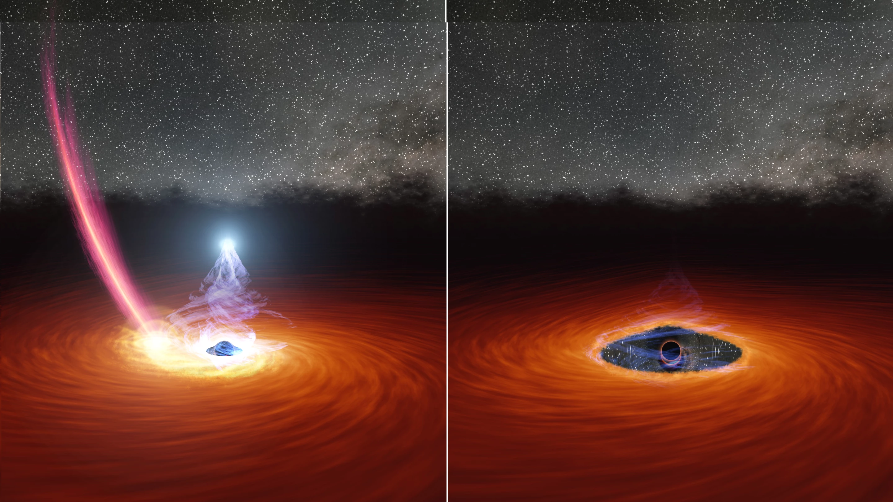 Left: a regular corona, shining bright around a black hole. Right: A faded corona, such as the one seen for the first time in the new study