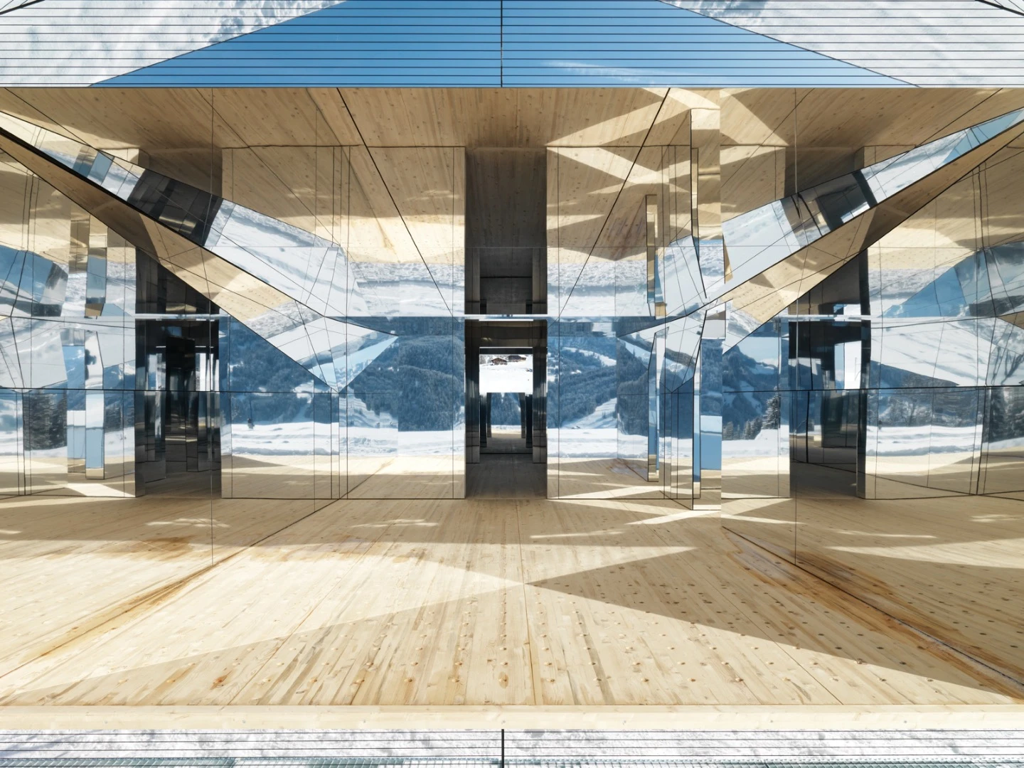 Mirage Gstaad is made from wood and steel, with an aluminum mirrored finish