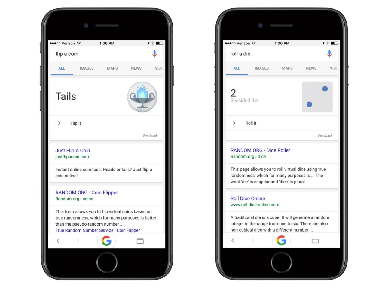 Google will flip a virtual coin or roll a digital die
