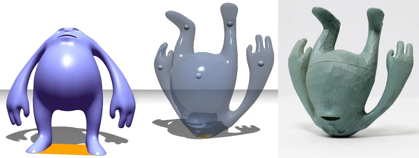 A model is flipped upside-down and balanced by Make It Stand