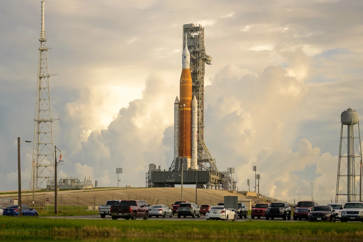 NASA's Space Launch System and Orion capsule at the launchpad on Friday