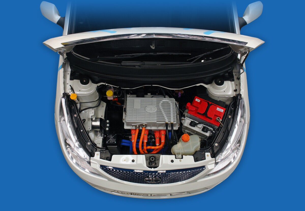 The engine bay of the Tata Indica Vista EV
