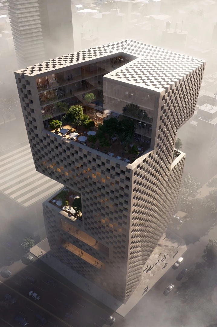 Chunks cut out of the building's volume will accommodate raised social terraces for staff