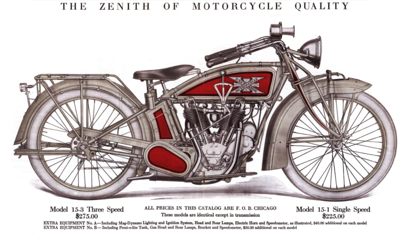 A century-old advert for Excelsior's Model 15-3 v-twin