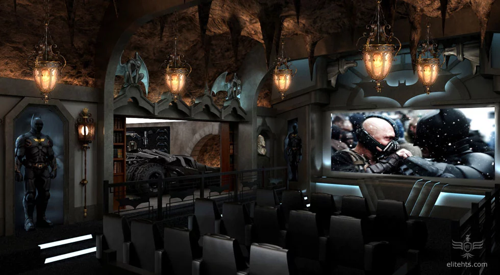 The impressive subterranean Dark Knight home cinema incorporates a dramatic interpretation of the film’s Batcave