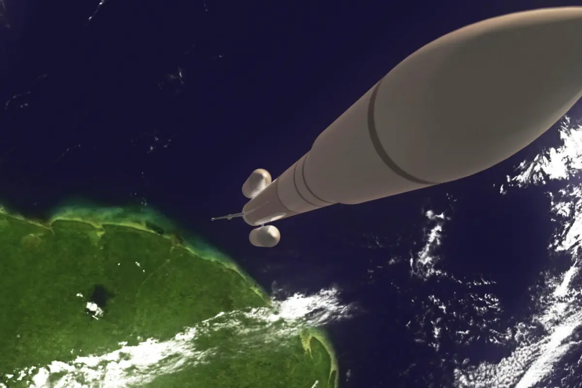 Artist's concept of AirBus's Ariane 6 launch vehicle, with the Adeline system at the base of the rocket