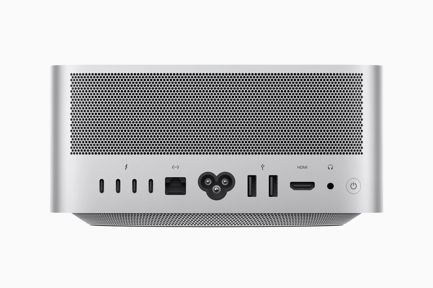 Mac Studio has four Thunderbolt 4 ports, a 10-Gb Ethernet port, two USB-A ports, an HDMI port, and a pro audio jack on the rear