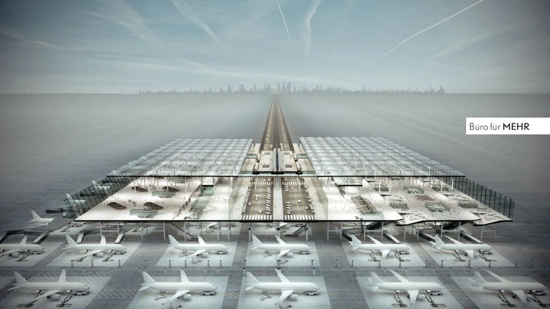 "The idea is simple: Instead of moving the passengers to the aircraft, the airplanes move to the passengers, minimizing walking distances and reducing the footprint of the airport drastically," says Büro für MEHR
