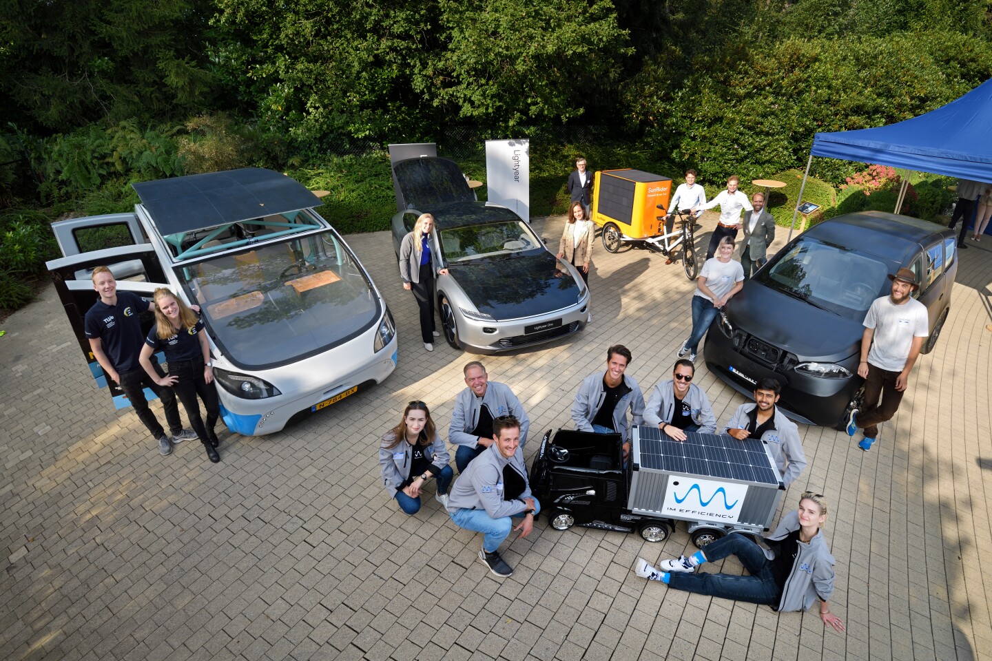 The Stella Vita solar-powered camper meets the Lightyear One, Sono Sion, and the SunRider, and members of the Agoria Solar Team in Brussels