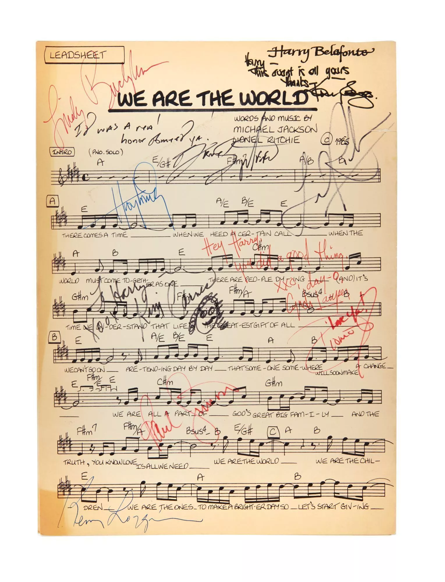 Signed and annotated by a who's who of American recording artists, this musical score captures the (perhaps lost) spirit of a generation
