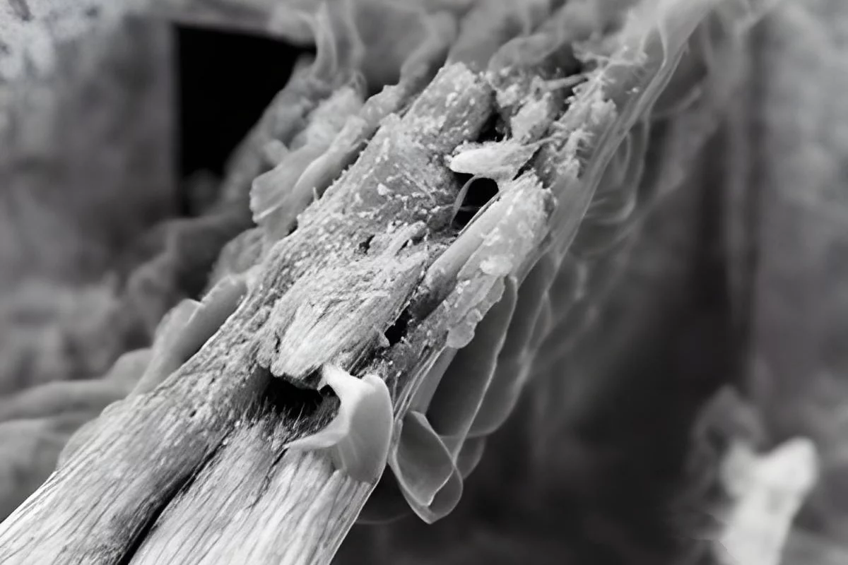 A scanning electron microscope image of the microfibrils inside the secondary cell walls of tulip trees
