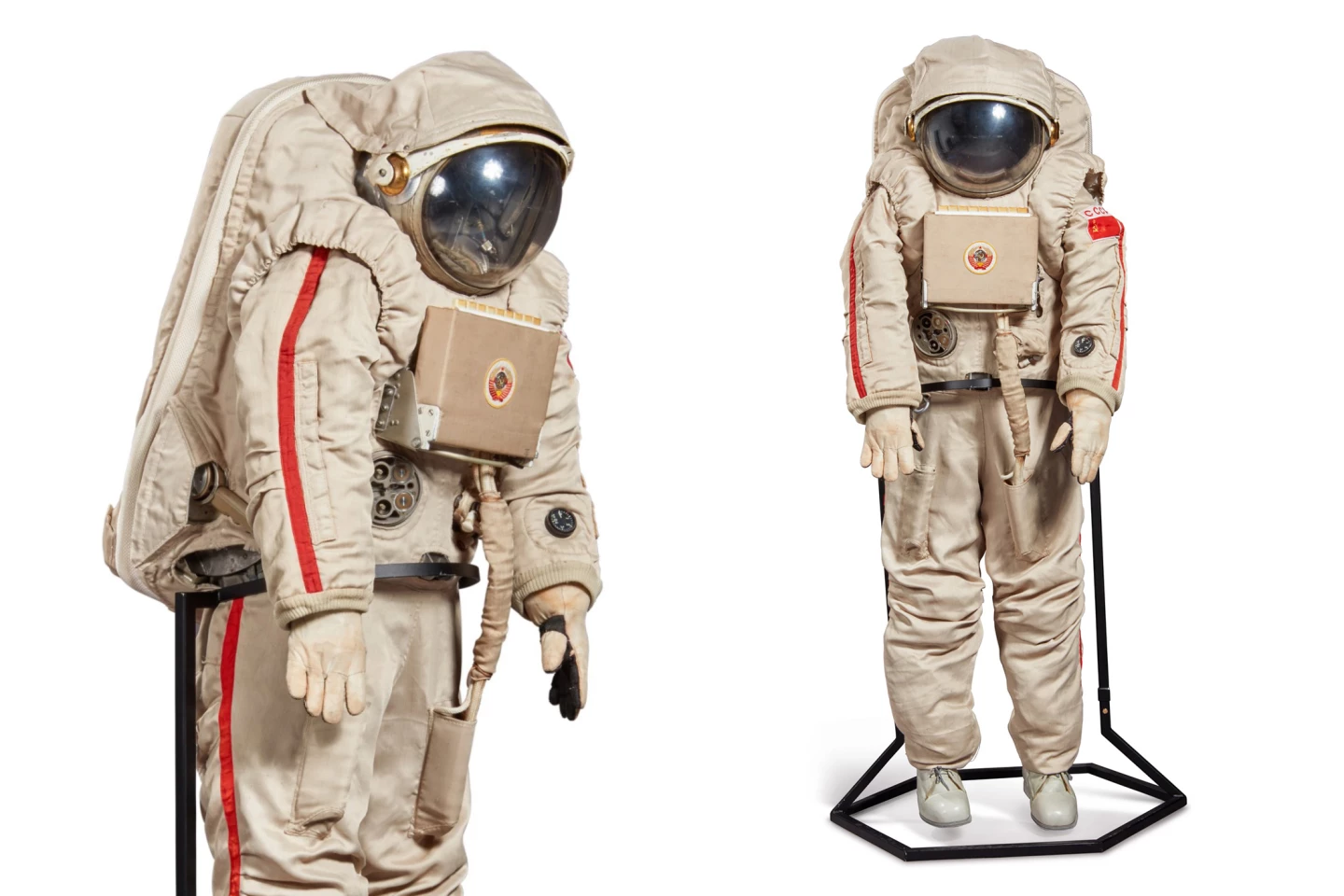 The Krechet-94 (“Gyrfalcon") lunar EVA spacesuit was designed to be used on Moonwalks as part of the ill-fated N-1/L-3 Soviet lunar program. The N1 was the Soviet counterpart to the American Saturn V, and remains the most powerful rocket ever built, though each of the four attempts to launch failed. After the death of Sergei Korolev, the chief architect of the Russian space program, the project never recovered, and the N1 program was suspended in 1974, before being officially cancelled in 1976. This Krechet-94 suit was likely made for training, as the LSS controls appear to be a mock-up and are not functional.