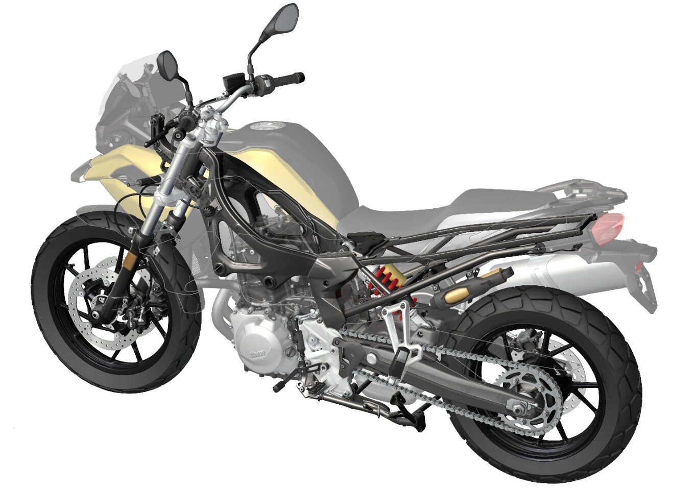 The new F 750GS and F 850GS utilizes a deep-drawn steel bridge frame with the engine as a stressed member