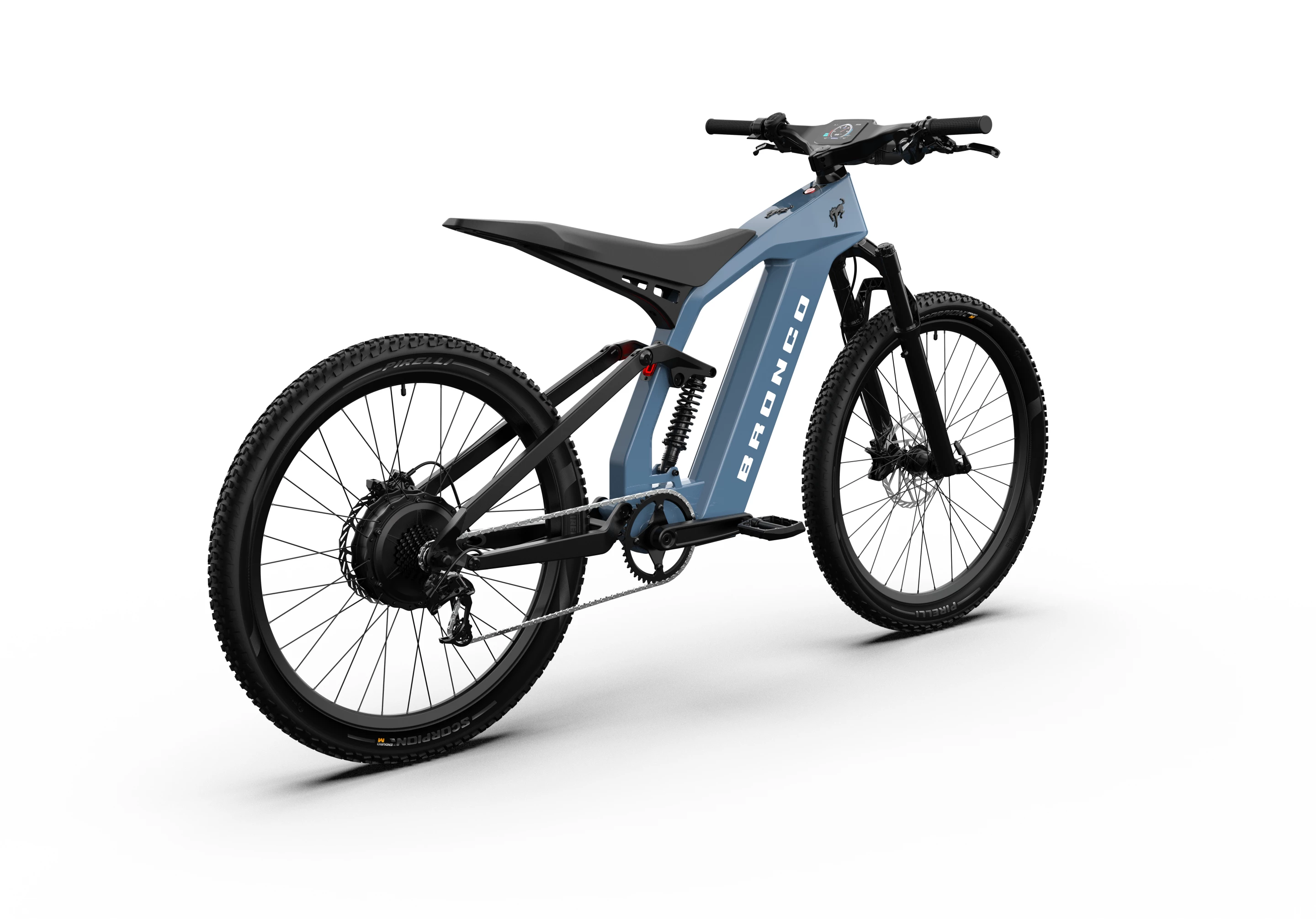 The Bronco ebike comes with full suspension, enduro tires and a moto-inspired seat