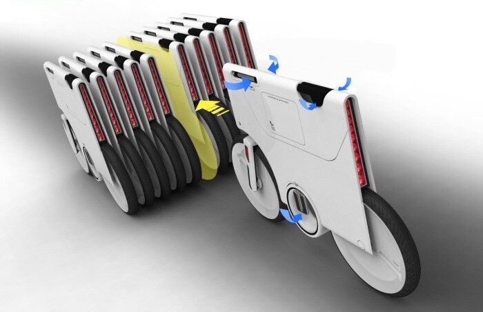 Most fold-ups to this point have been pedelecs, but in the quest for a smaller and lighter information appliance, pedals are certain to be left out of some viable designs. In this instance above, the folding electric bike uses both, very cleverly.