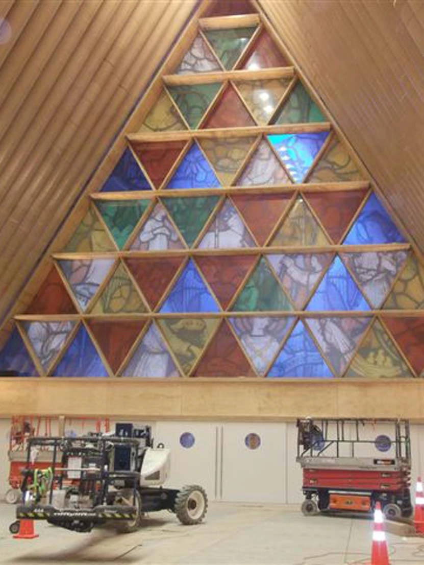 Ninety-eight cardboard tubes form the cathedral's structural beams, and shipping containers also figure in the cathedral's construction (Photo: Shigeru Ban Architects)