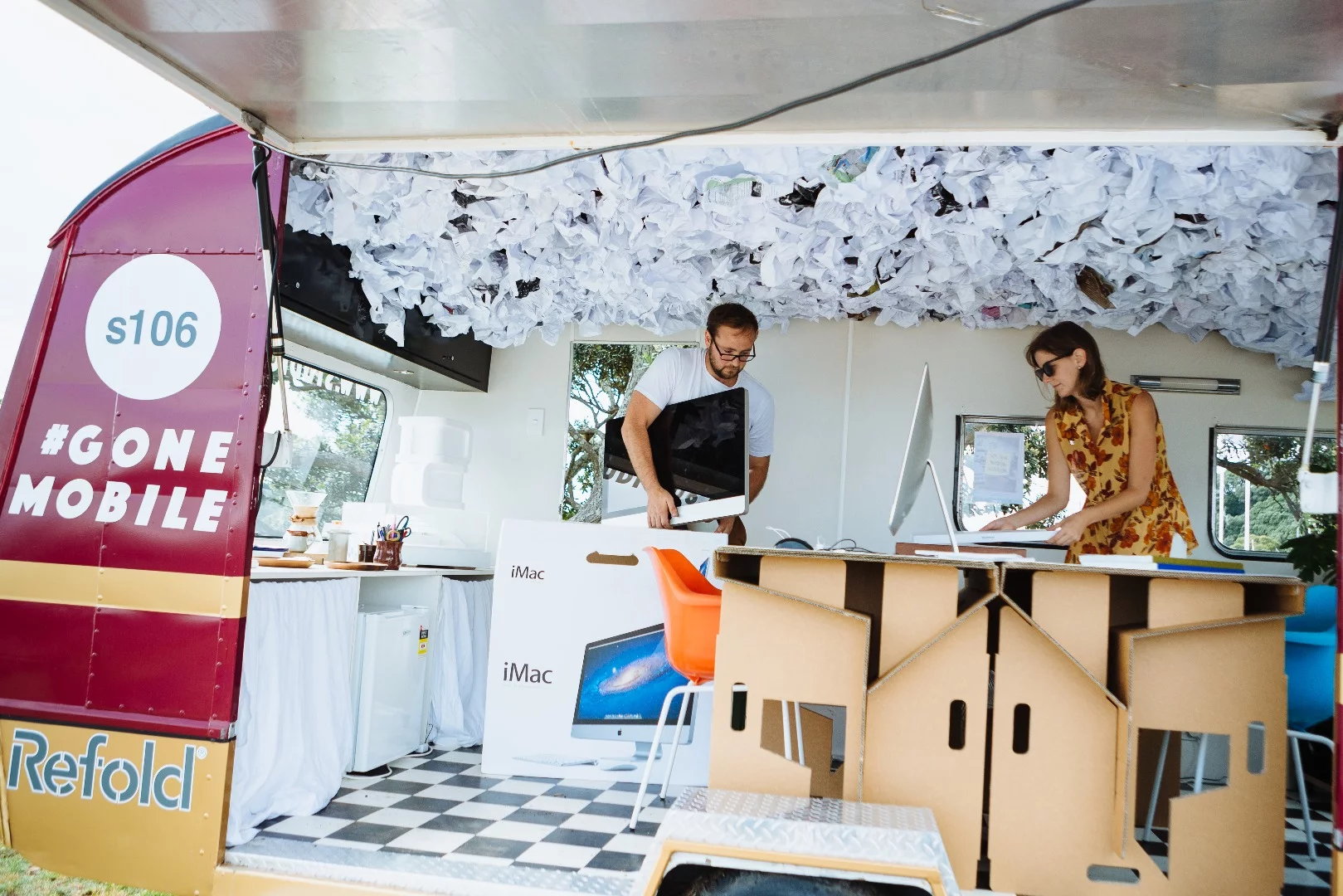 Studio106's director Dion Gosling and interior designer Kerri Cunliffe converted a retro caravan into a mobile office space