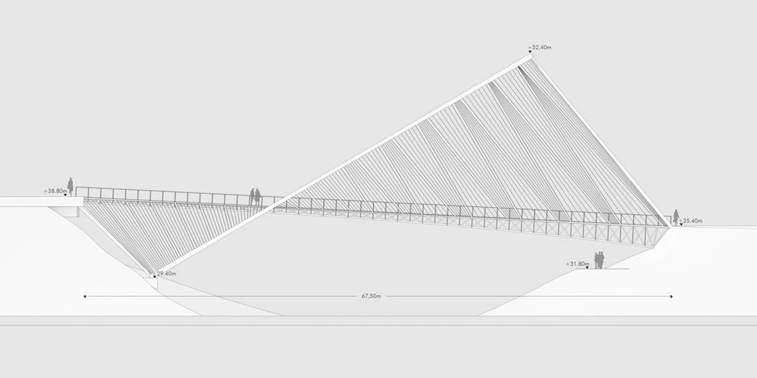 Two thirds of the bridge is suspended in order to span the entire width of the River Irwell, while the final third is supported by column (Image: penda)