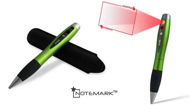The NoteMark is a ballpoint pen with a built-in camera and laser sight that stores documents as high-definition photos
