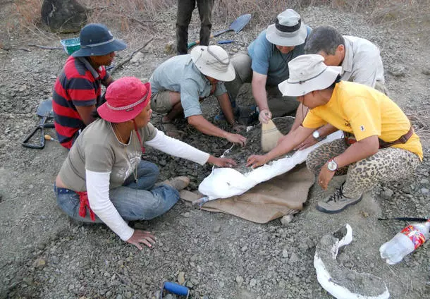 John Flynn and co-authors Lovasoa Ranivoharimanana and Andre Wyss, excavate a Triassic fossil with Malagasy students