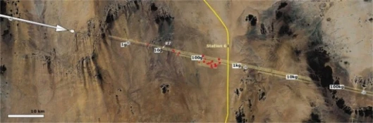 This space-based view of the Nubian Desert shows altitude in kilometers (in white circles) and meteor locations in red.