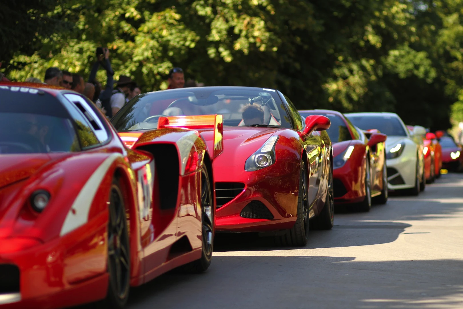 A king's ransom of supercars line up for timed runs up the hill. That's a Ferrari FXX followed by a Ferrari California T