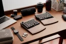 The Jiffy 75 split keyboard can be used either connected together or separated, with optional solid wood wrist rests designed to support a more natural typing posture