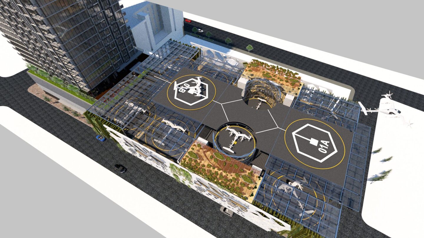 The Skyport imagined by Dallas-based architecture firm Humphreys & Partners Architects would sit over the top of an existing parking garage in LA